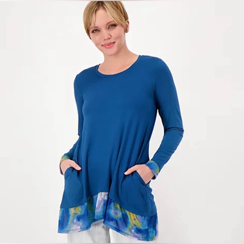 LOGO by Lori Goldstein Kalista Rayon 230 Top with Tie-Dye Mesh Hem Size 1X